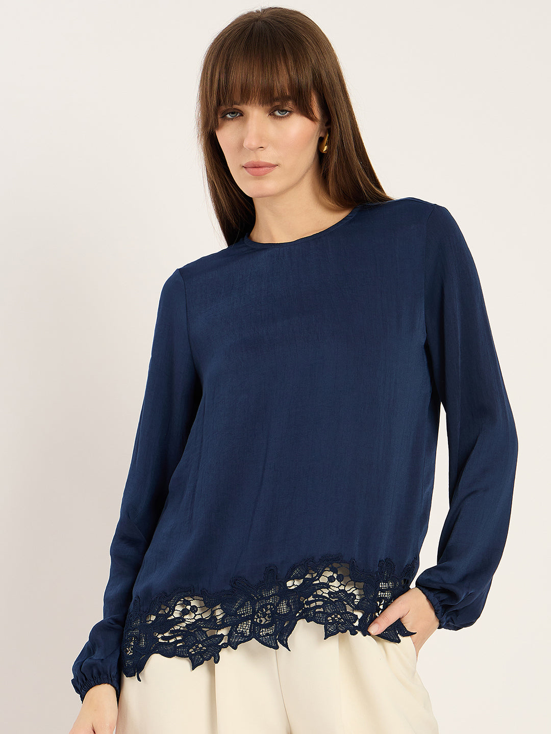 Navy Satin Hem Lace Detail Top
