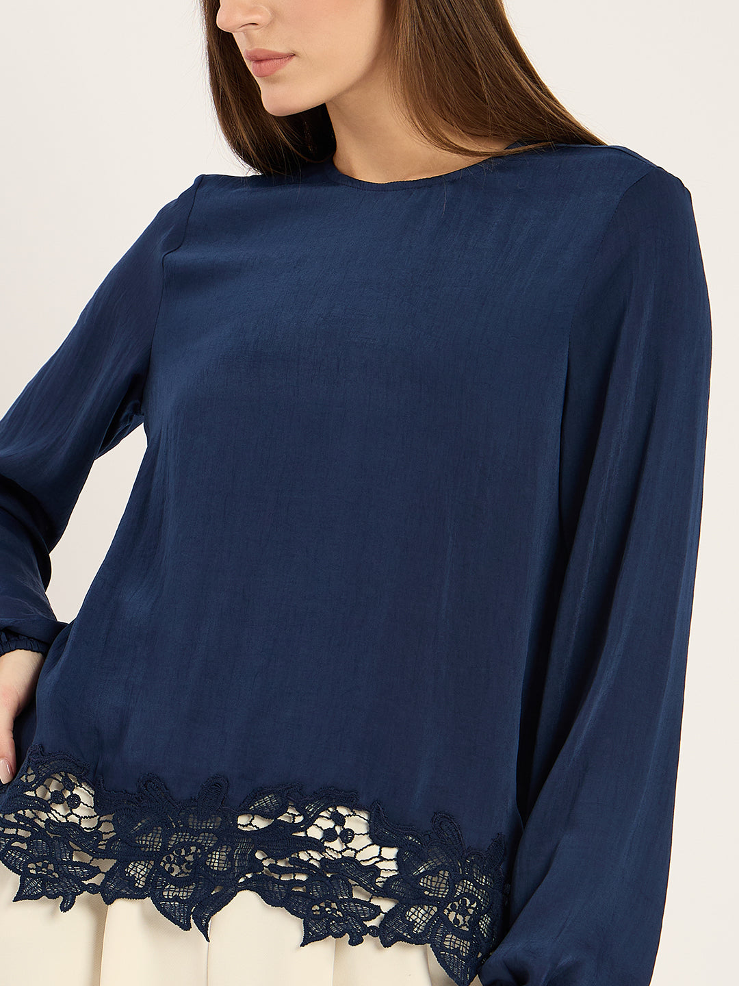 Navy Satin Hem Lace Detail Top