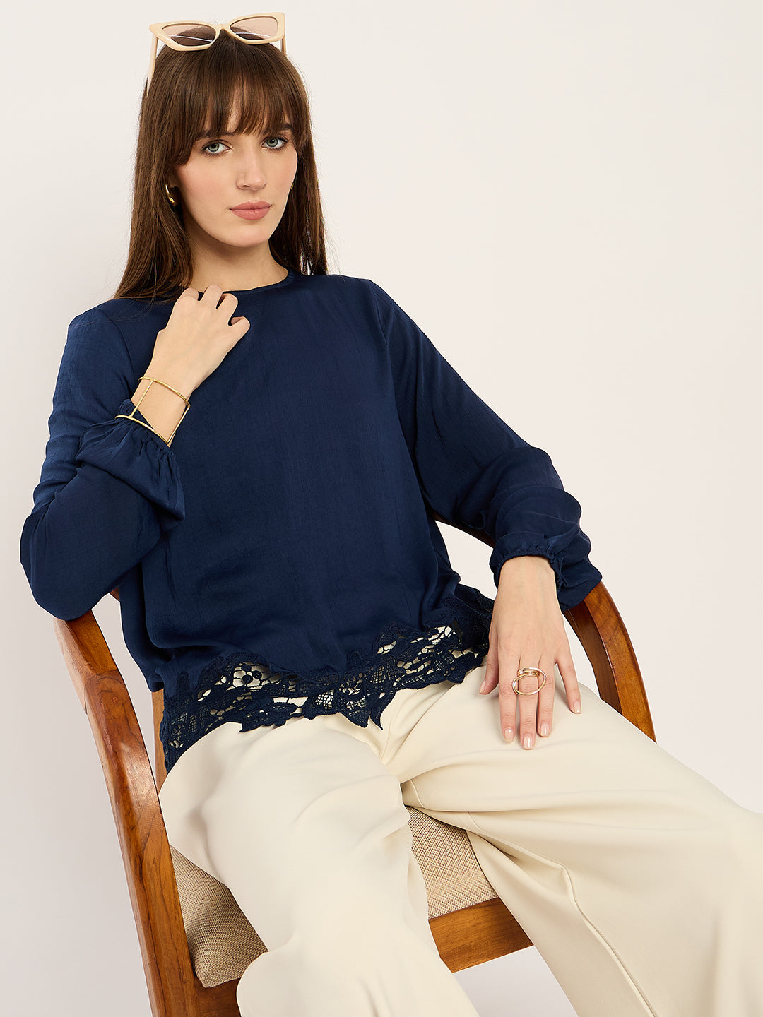 Navy Satin Hem Lace Detail Top