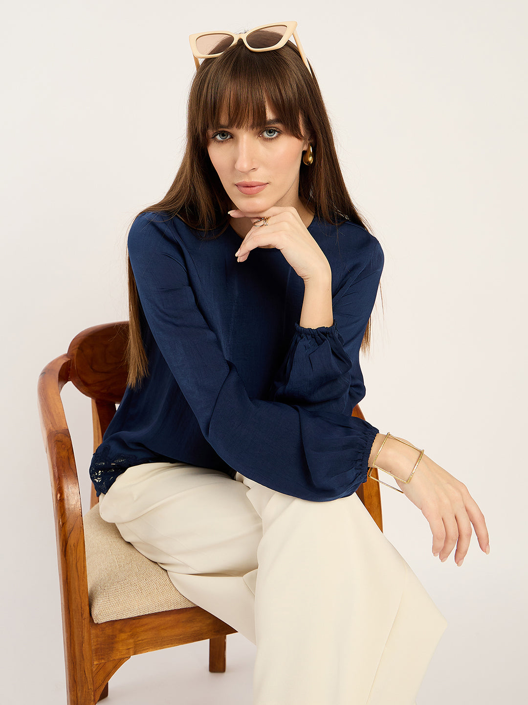 Navy Satin Hem Lace Detail Top