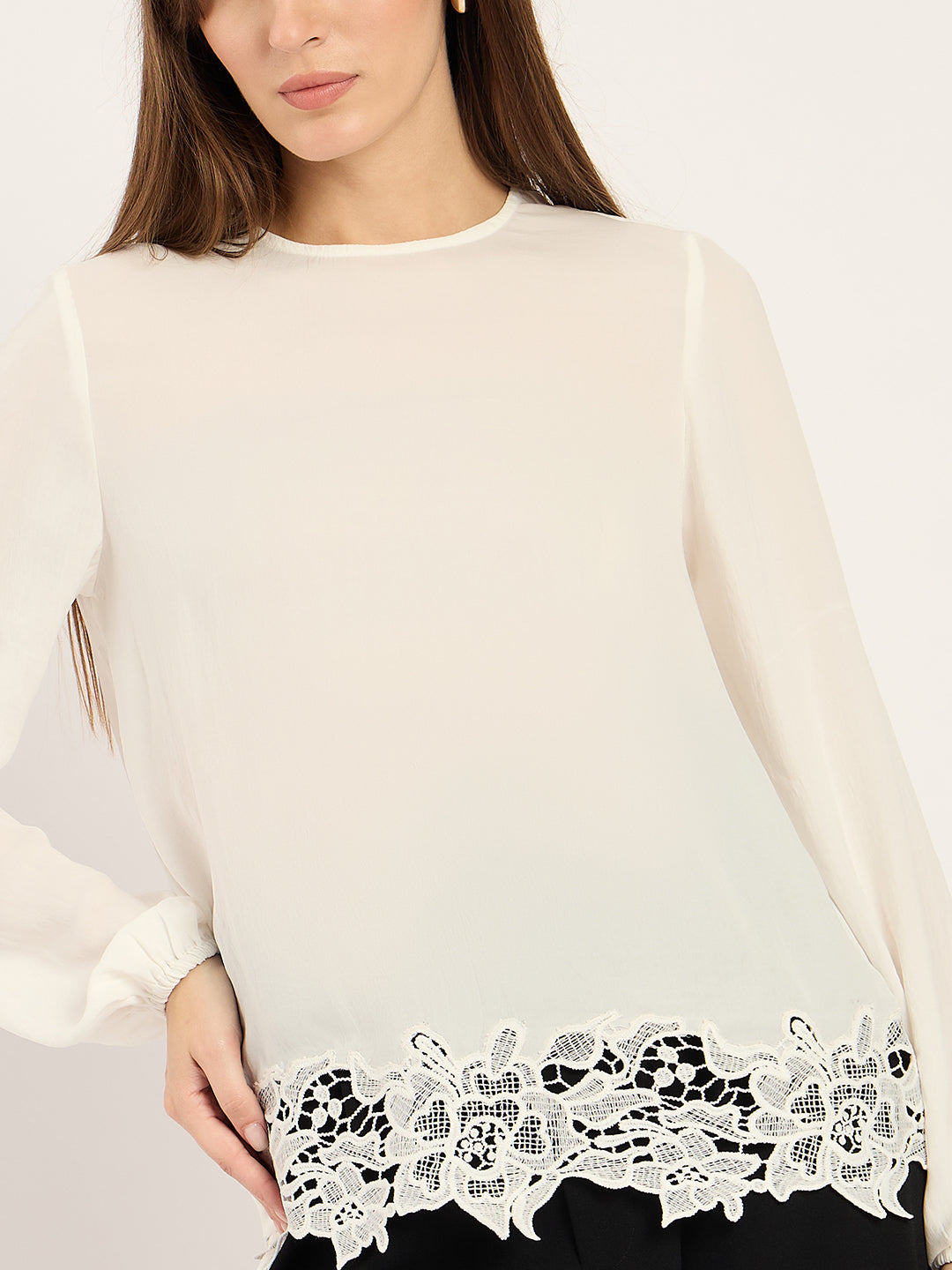 White Satin Hem Lace Detail Top