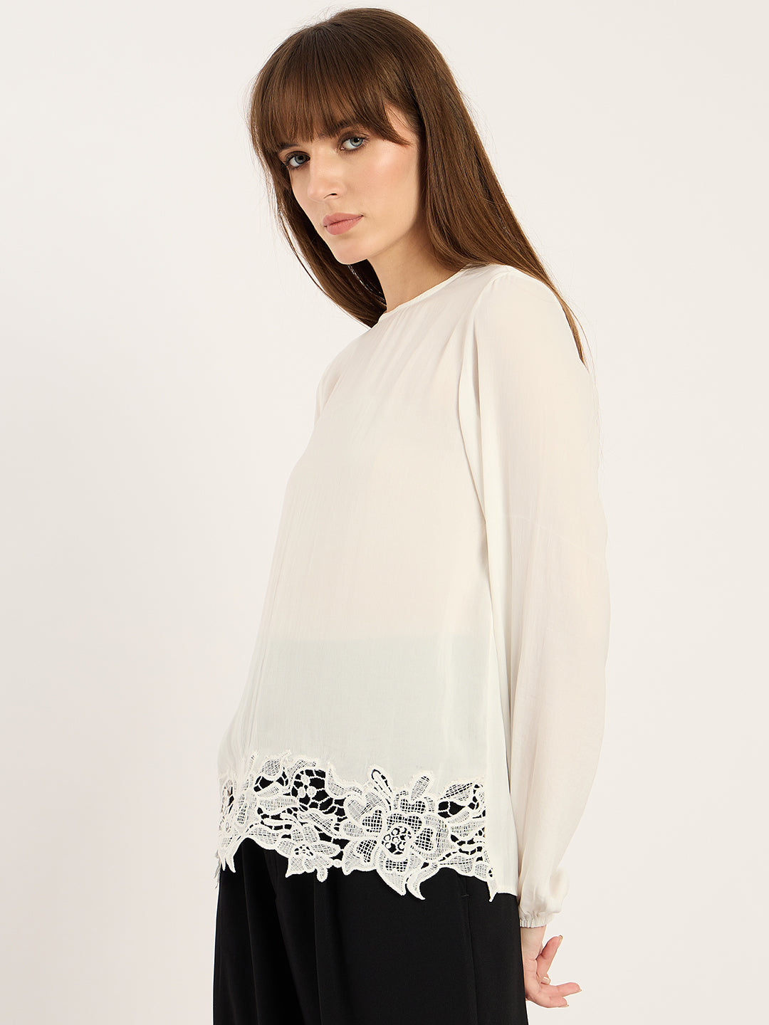 White Satin Hem Lace Detail Top
