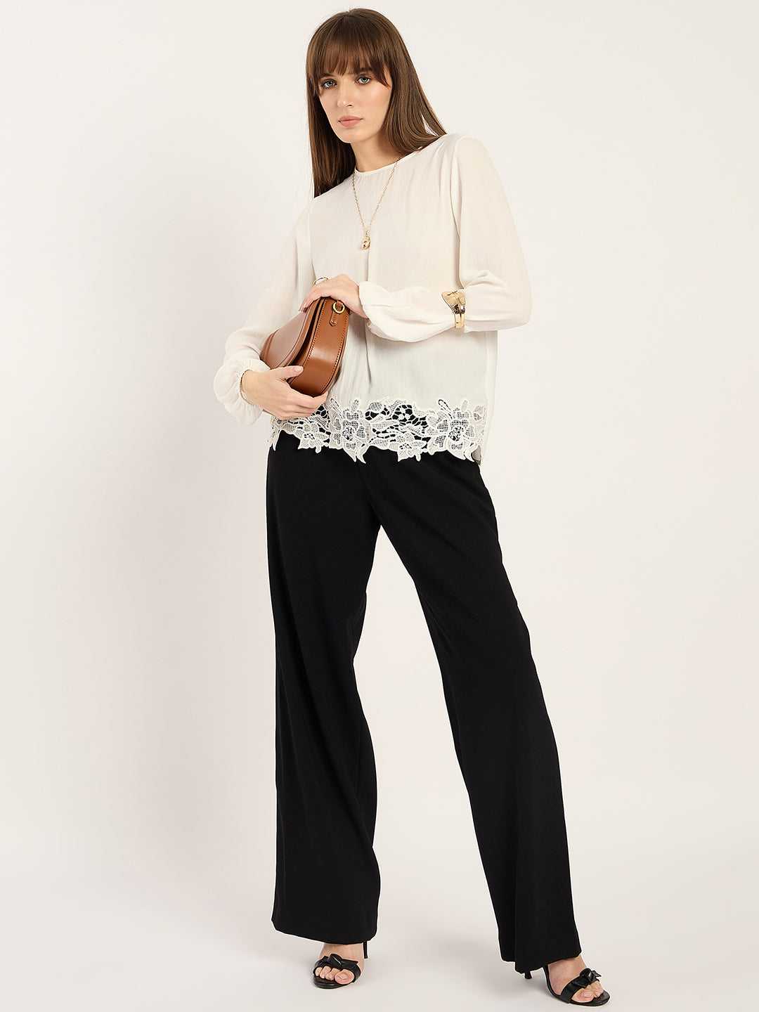 White Satin Hem Lace Detail Top