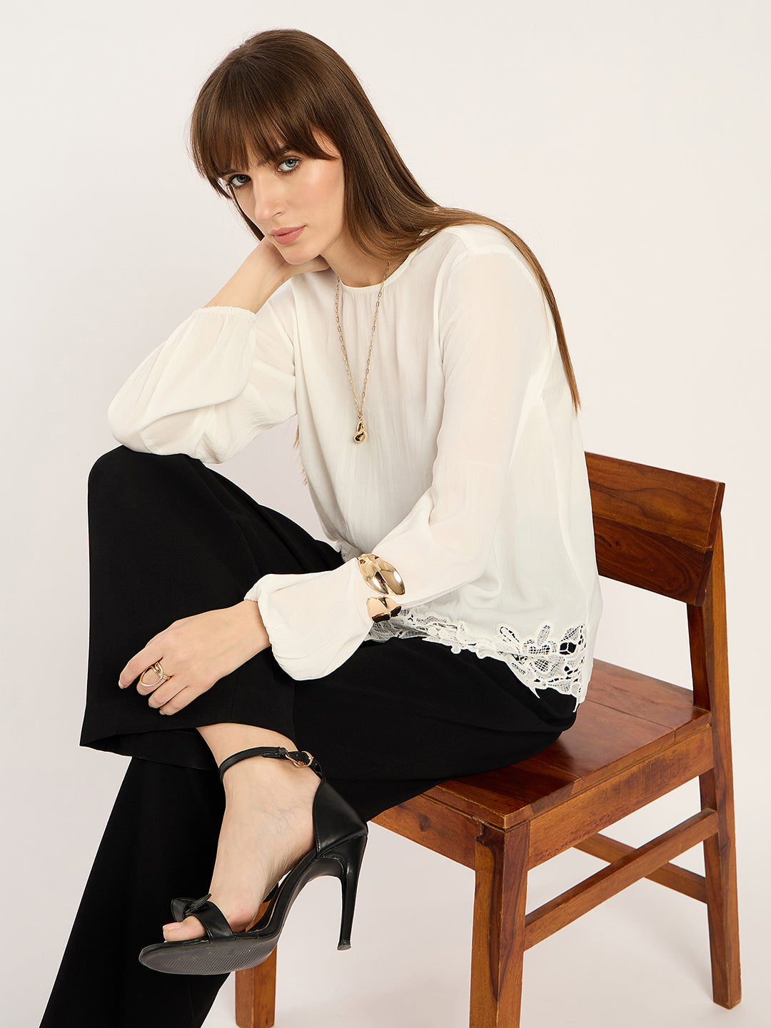 White Satin Hem Lace Detail Top