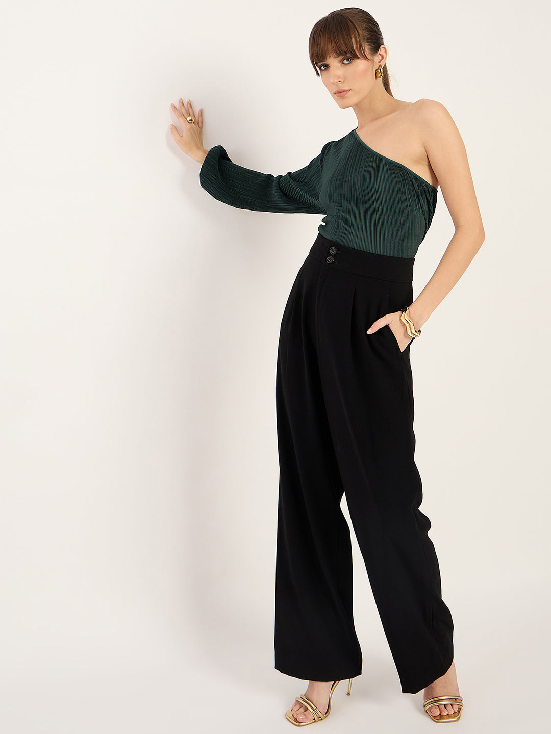 Green Plisse One Shoulder Top