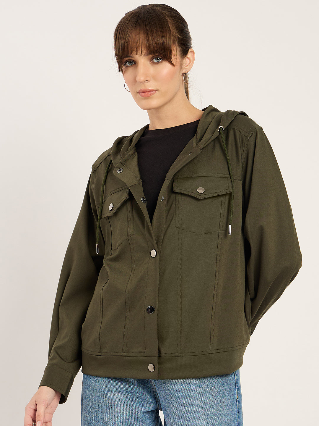 Olive Button Down Hooded Travel Jacket