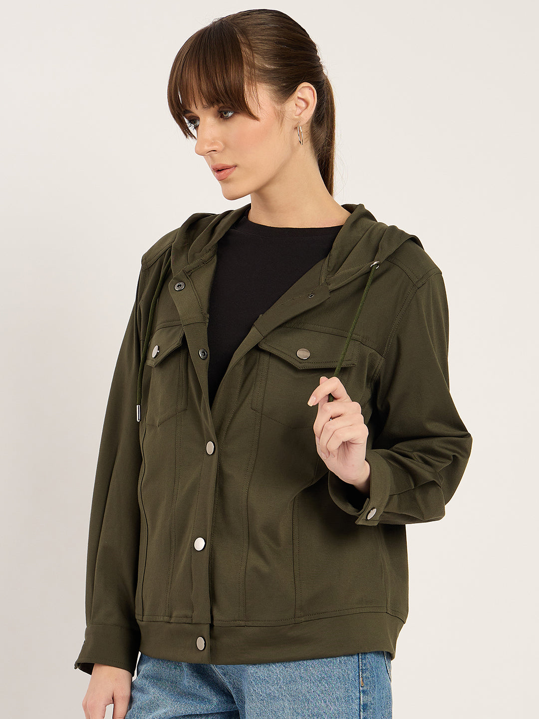 Olive Button Down Hooded Travel Jacket