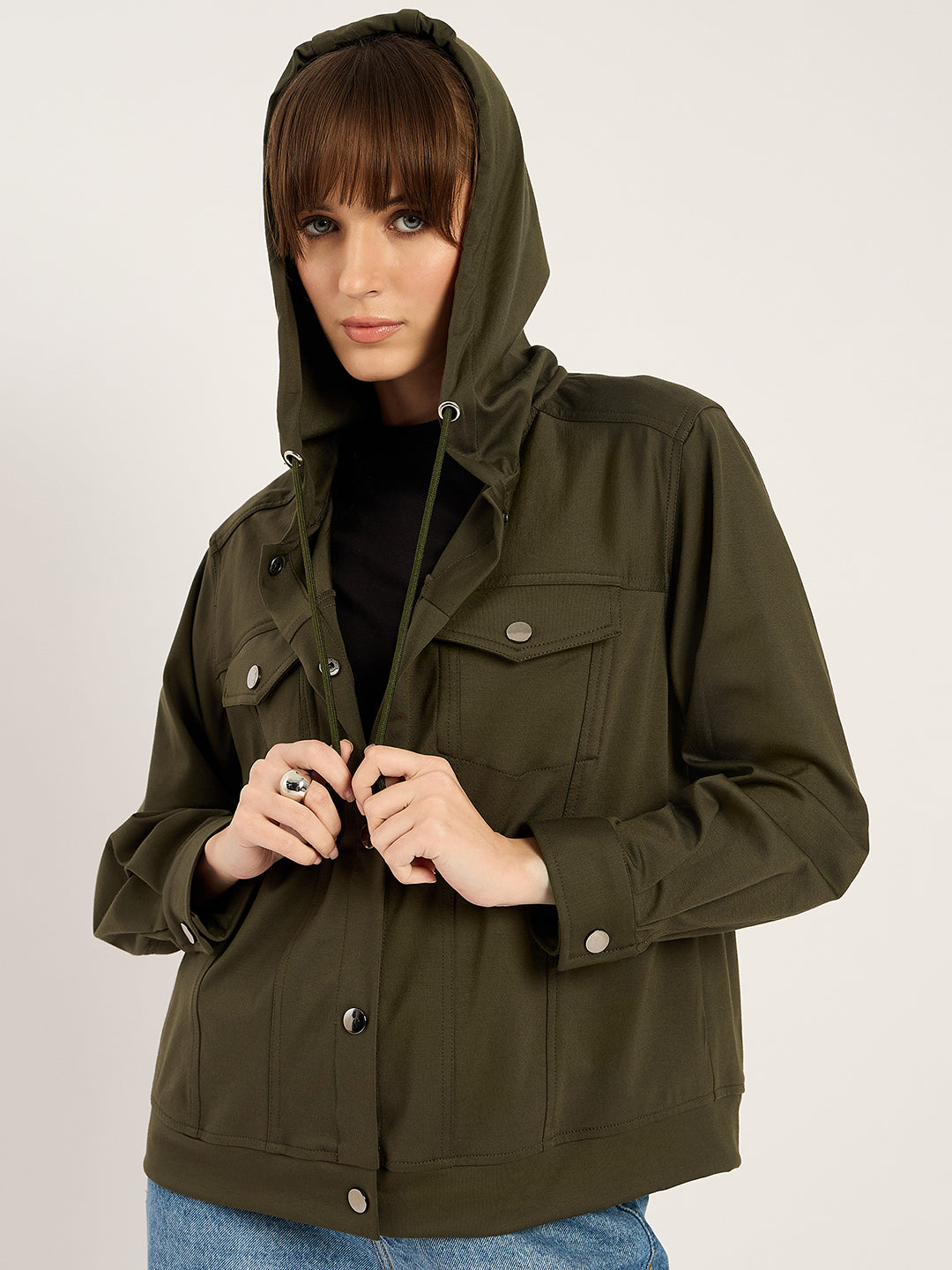 Olive Button Down Hooded Travel Jacket