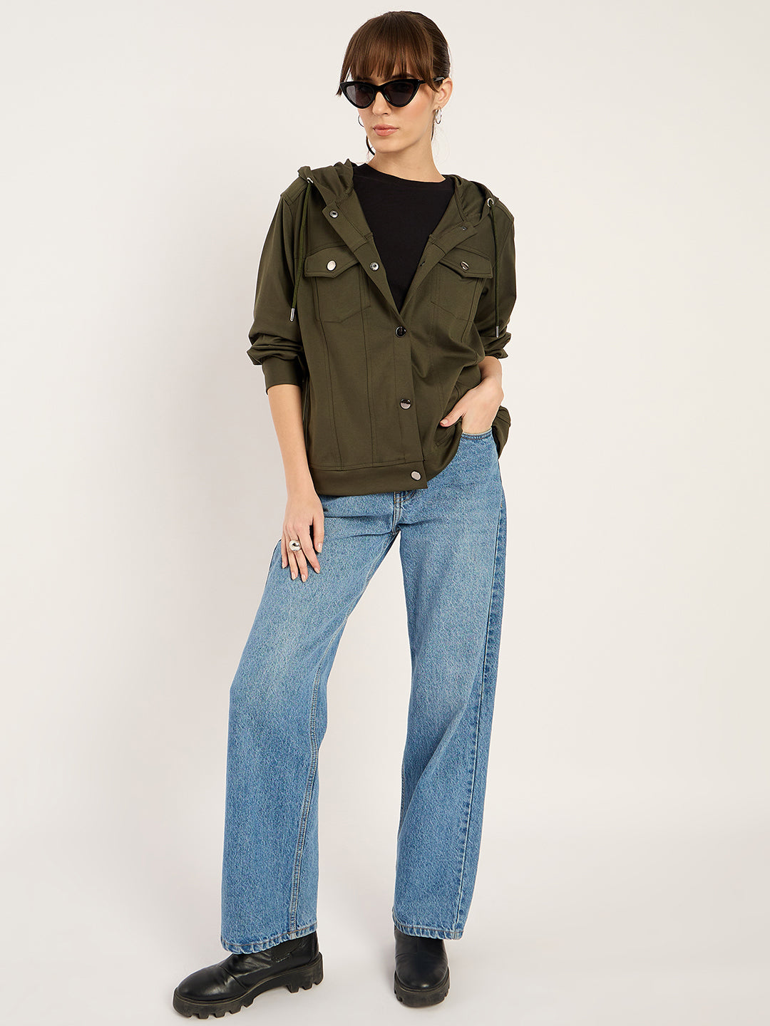 Olive Button Down Hooded Travel Jacket