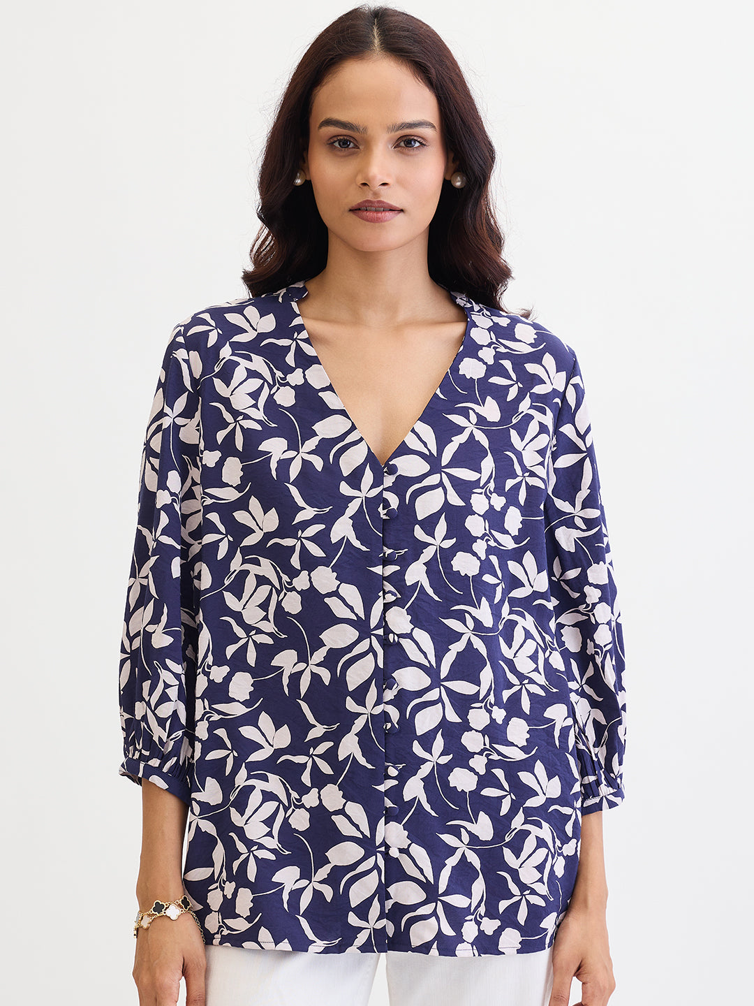 Navy Floral Button Down Top