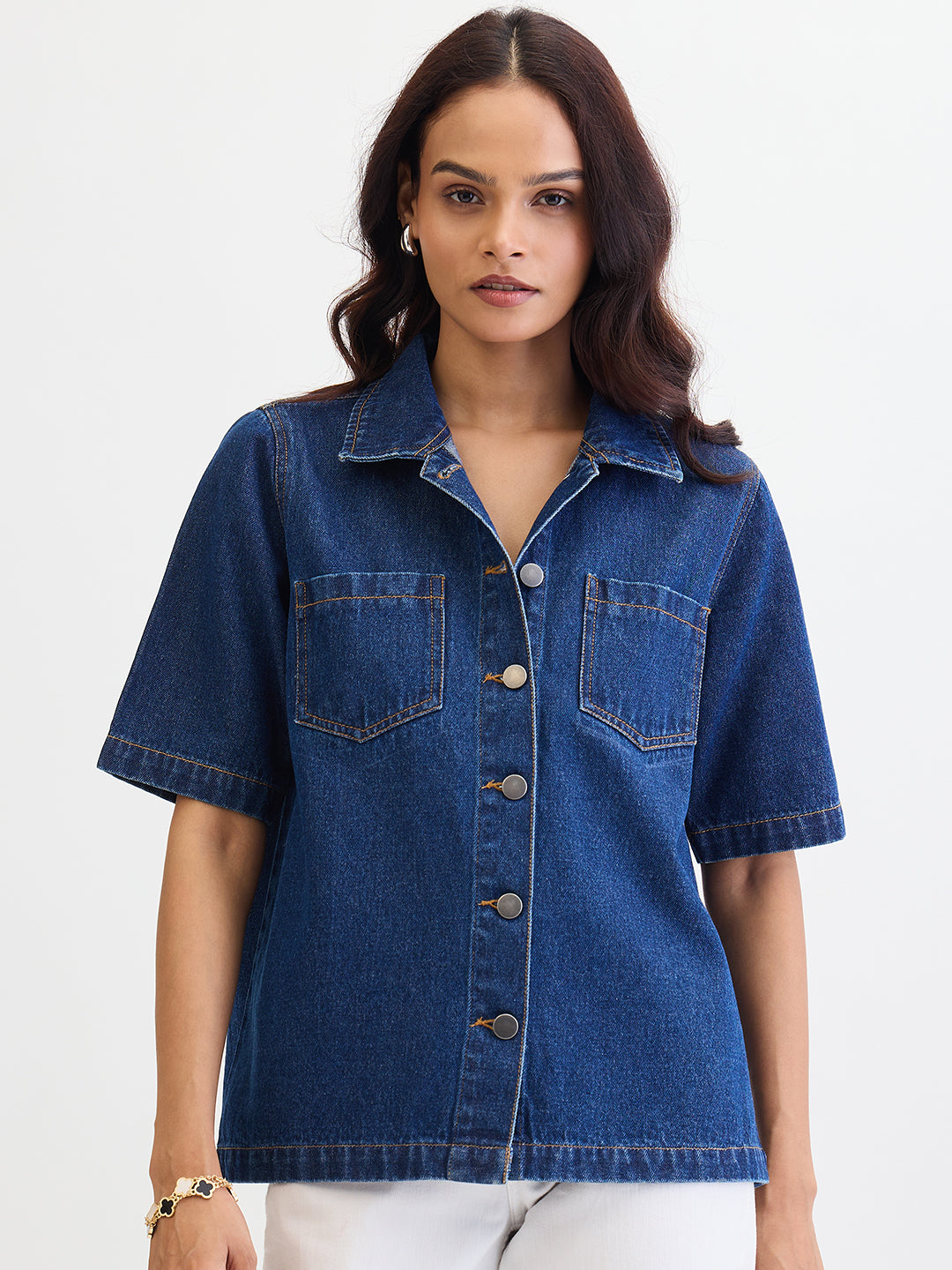 Navy Blue Denim Half Sleeves Shirt
