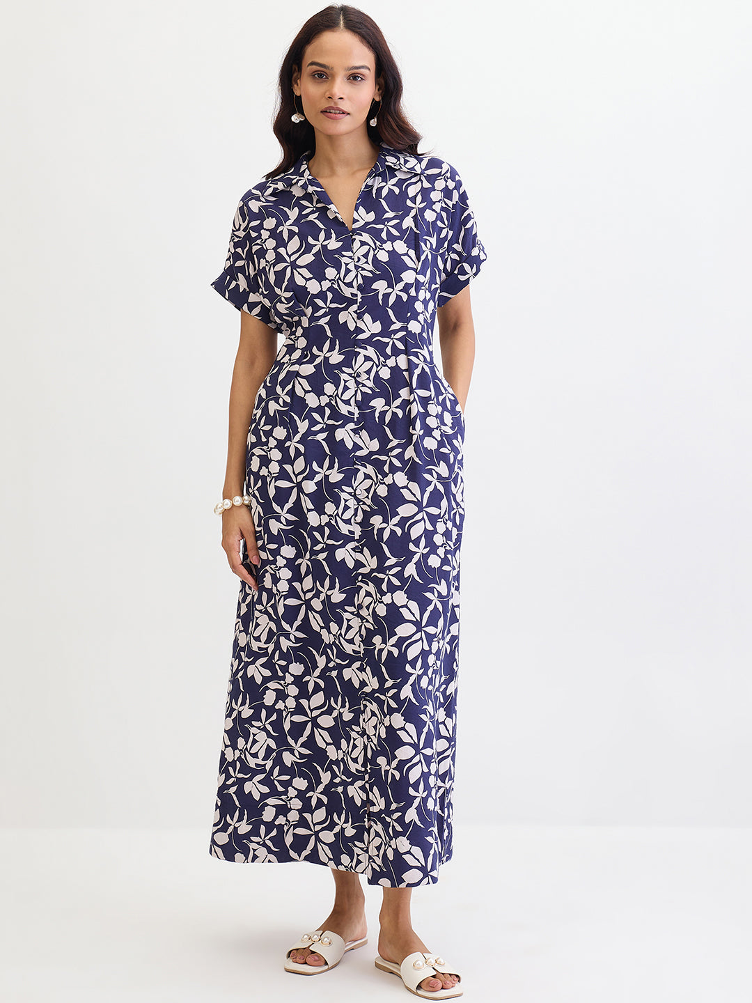 Navy Floral Shirt Maxi Dress