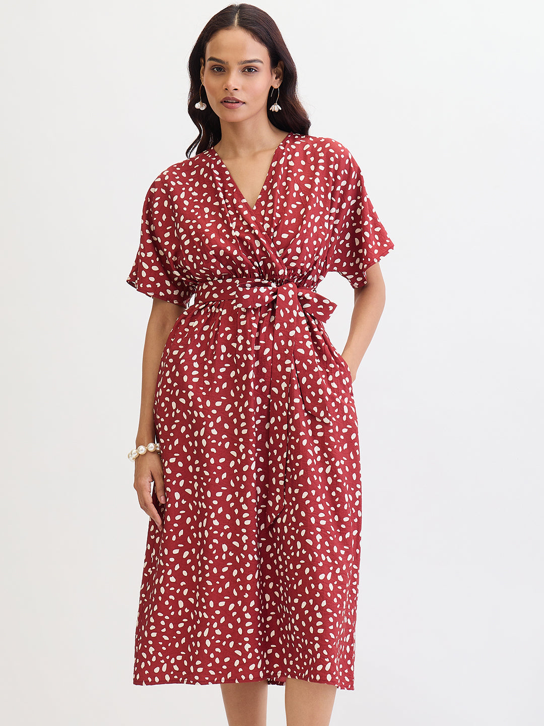 Deep Red Polka Print Midi Dress