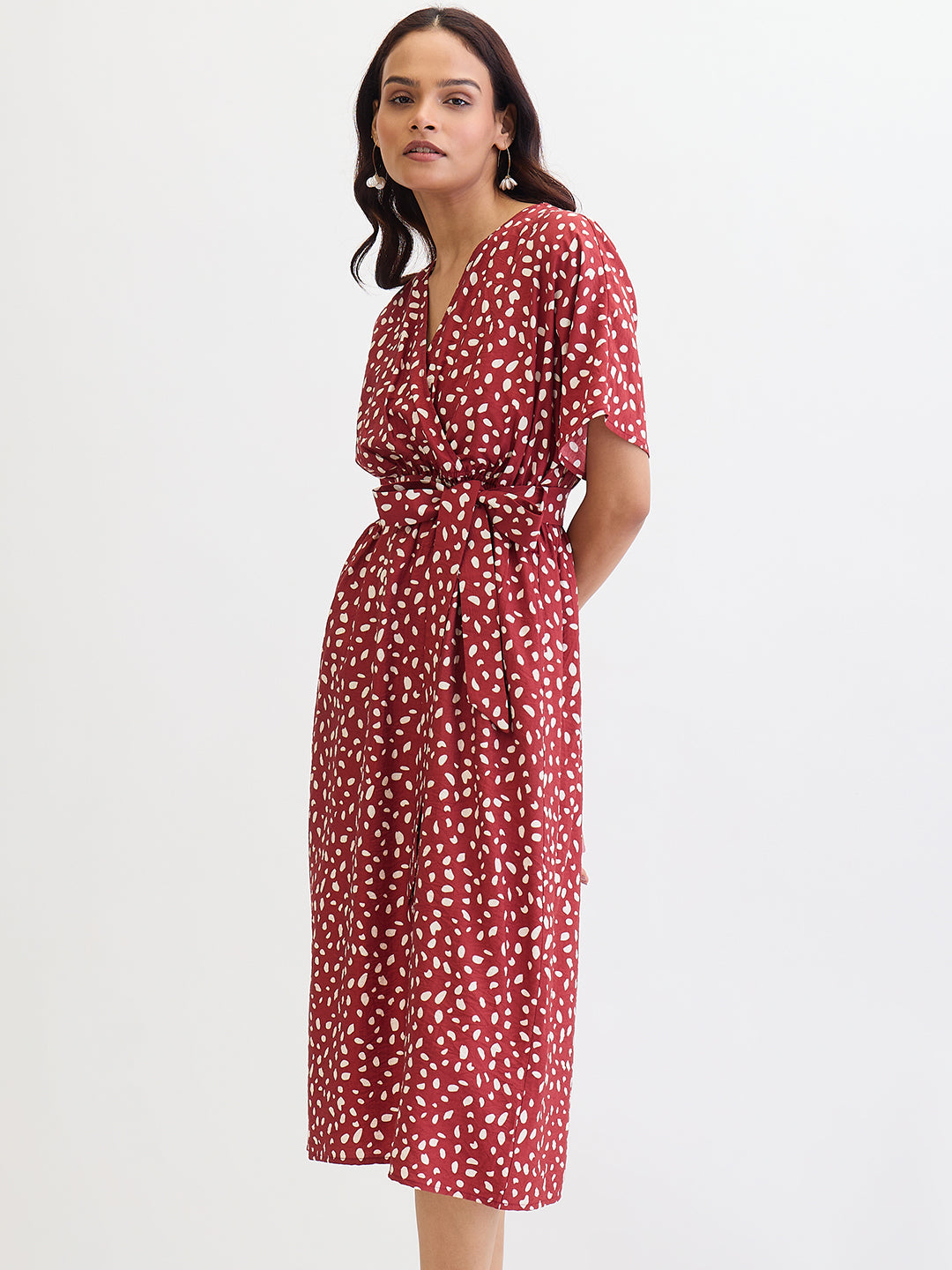 Deep Red Polka Print Midi Dress