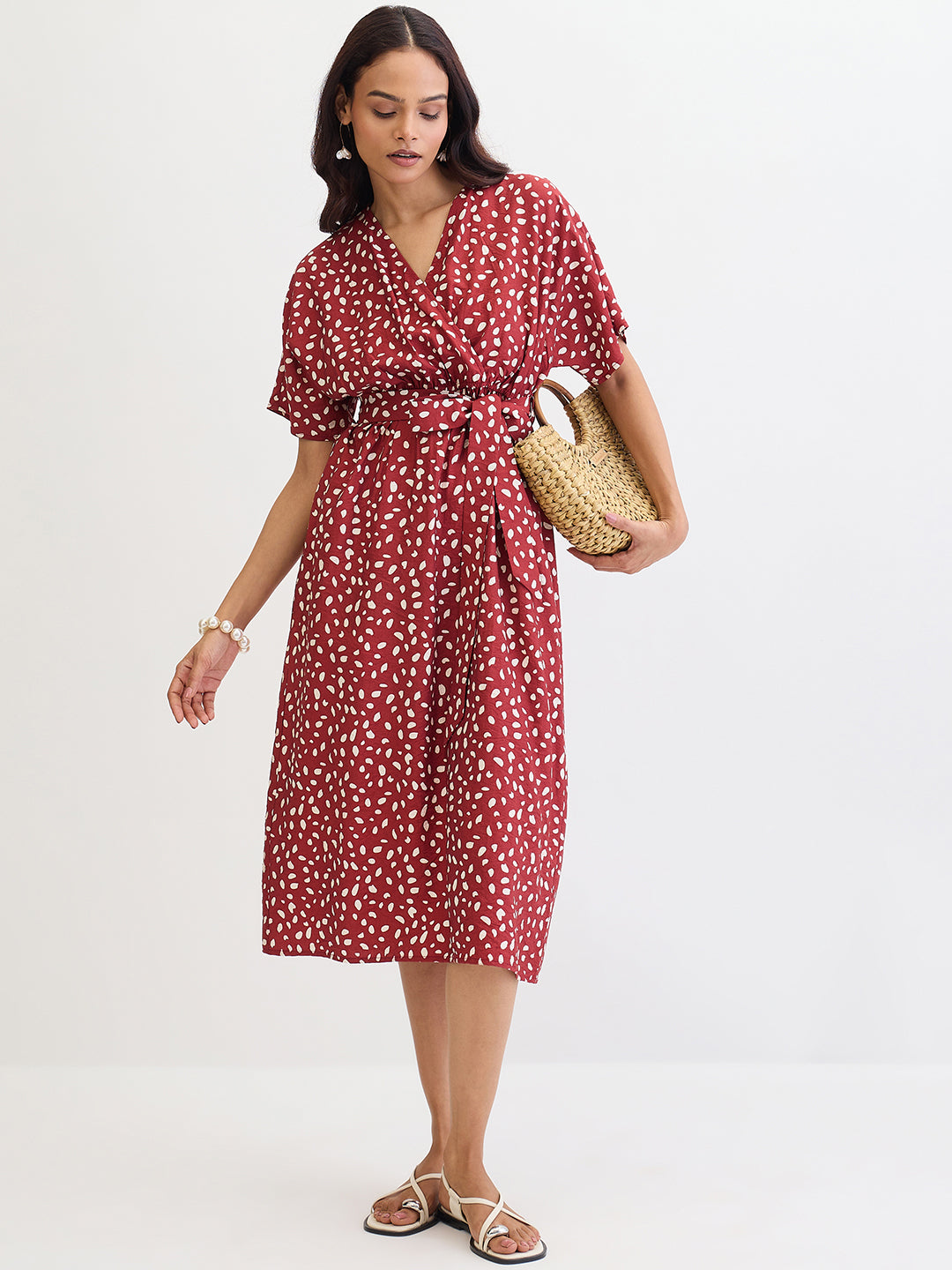 Deep Red Polka Print Midi Dress