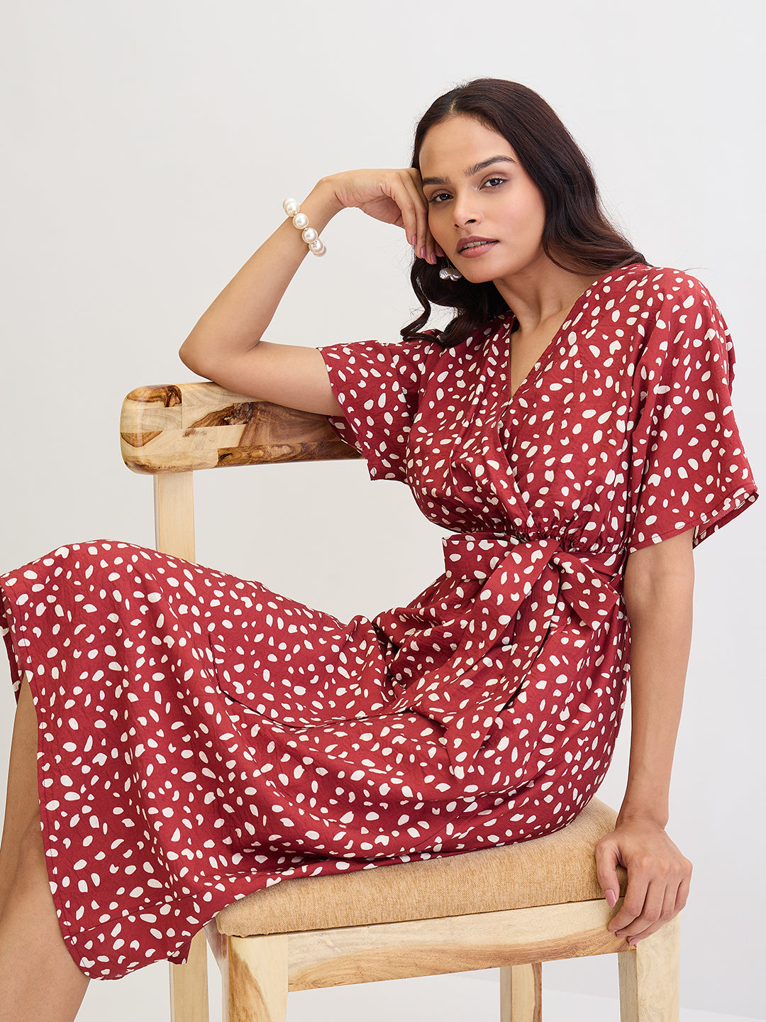 Deep Red Polka Print Midi Dress