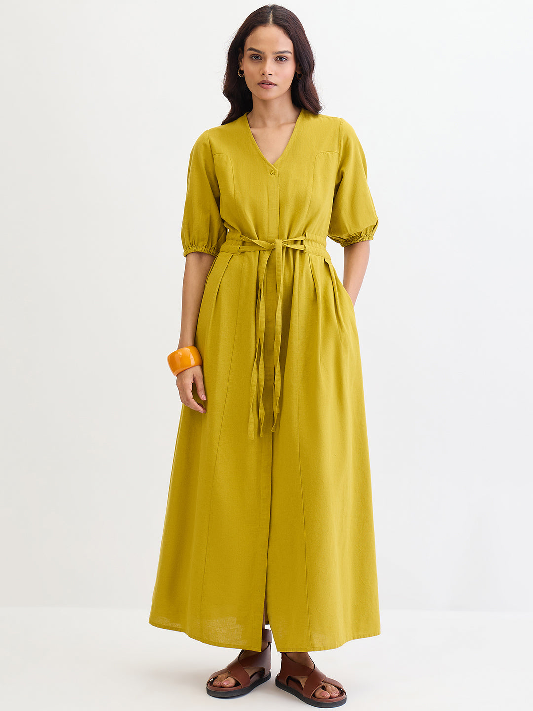 Citrine Green Cotton Linen Maxi Dress