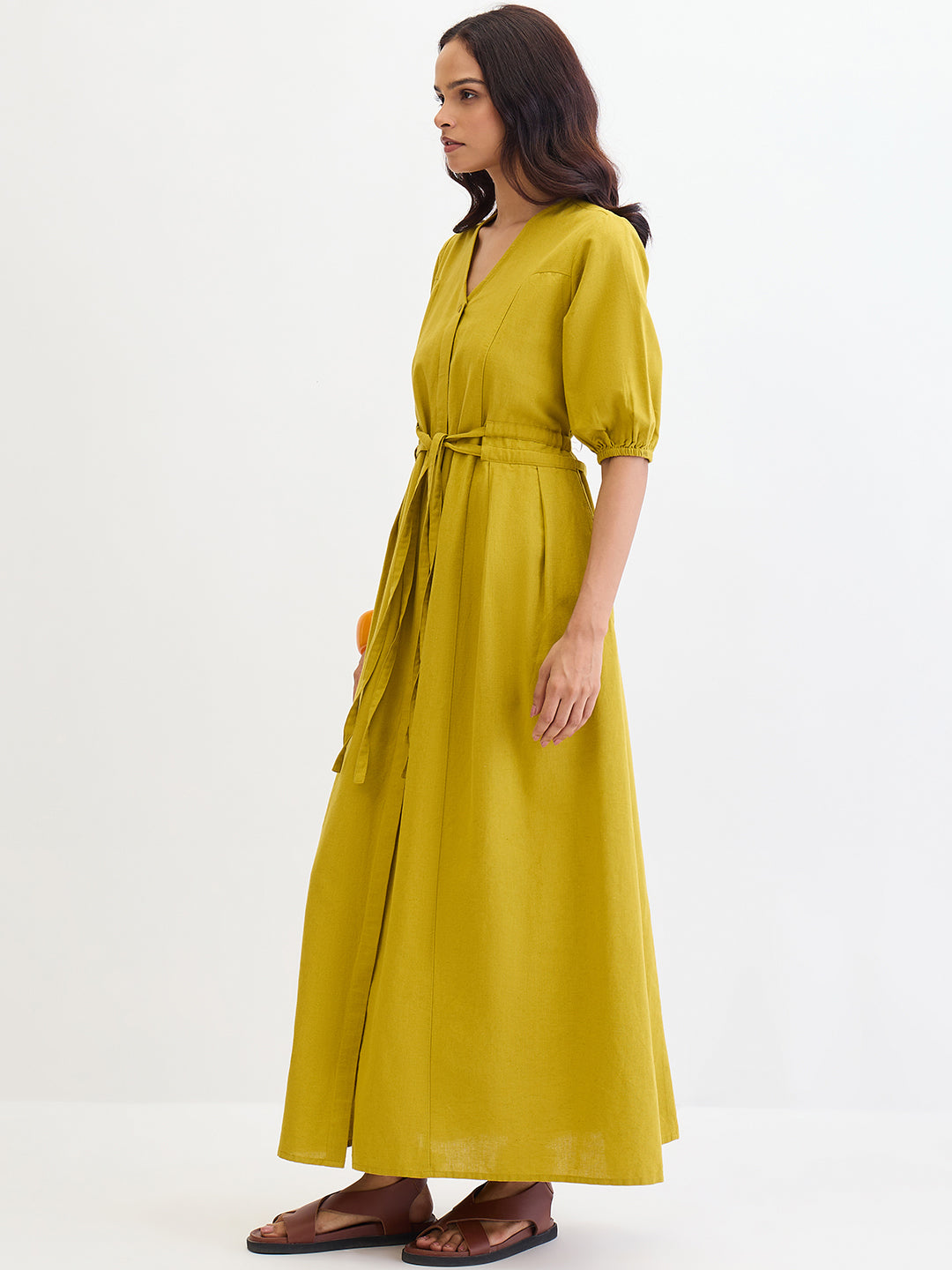 Citrine Green Cotton Linen Maxi Dress