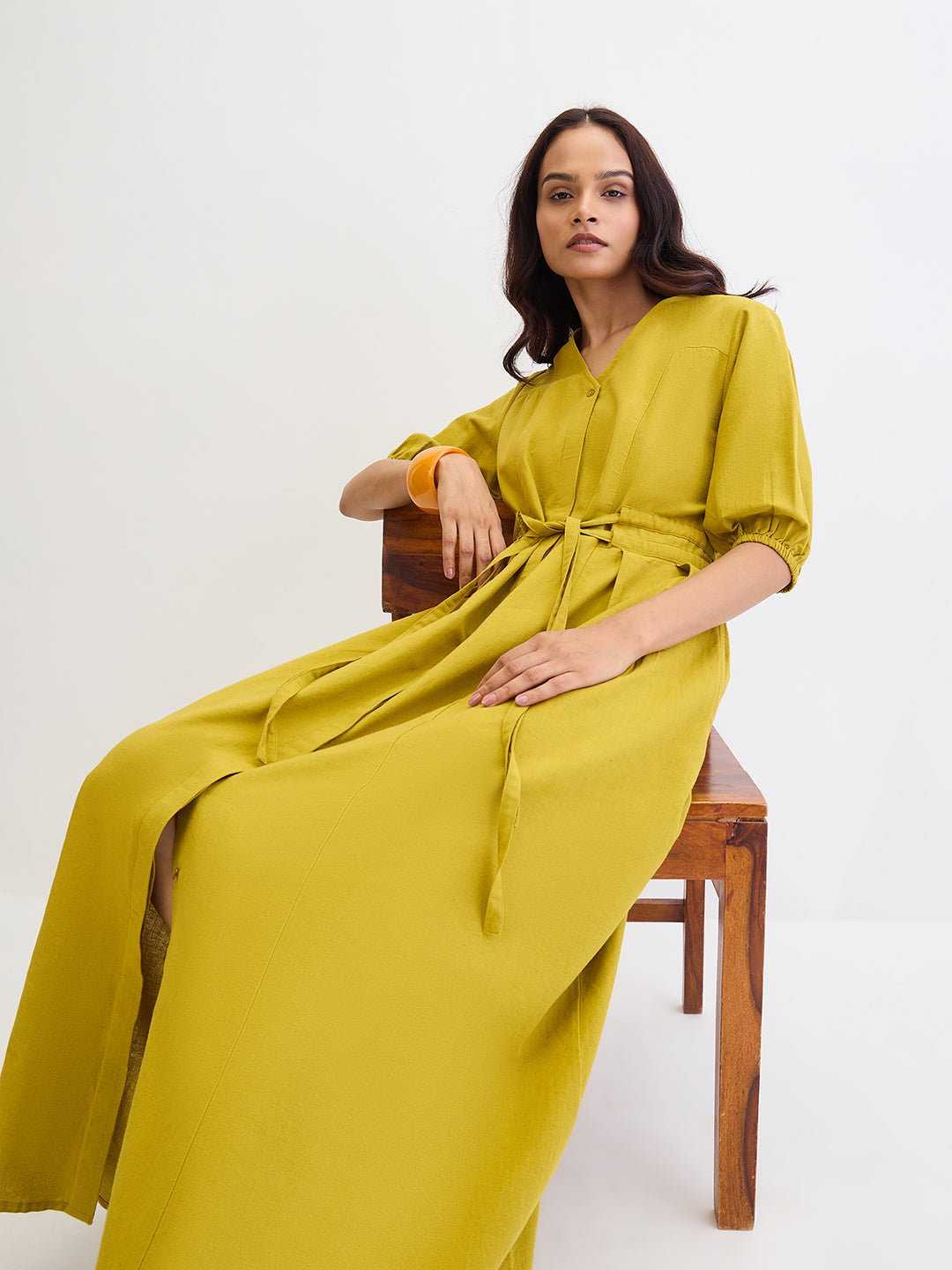 Citrine Green Cotton Linen Maxi Dress