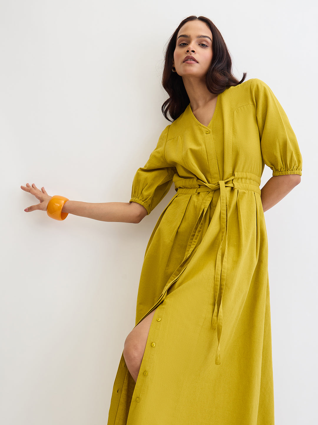 Citrine Green Cotton Linen Maxi Dress