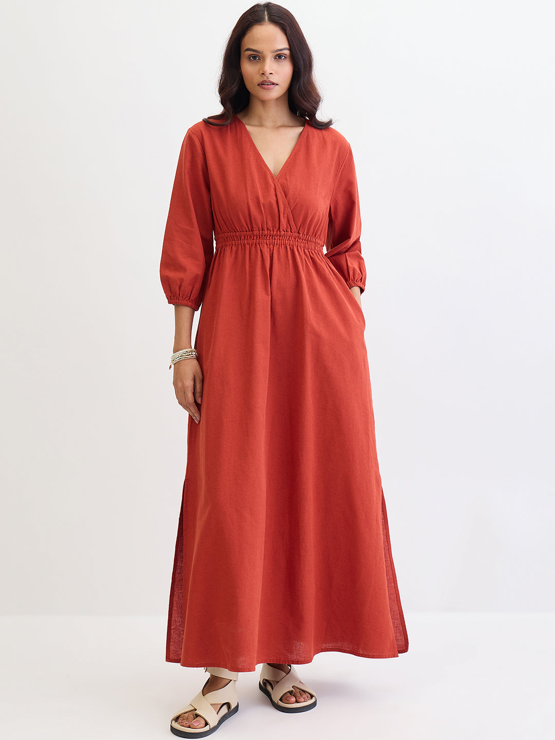 Rust Cotton Linen Slit Detail Maxi Dress