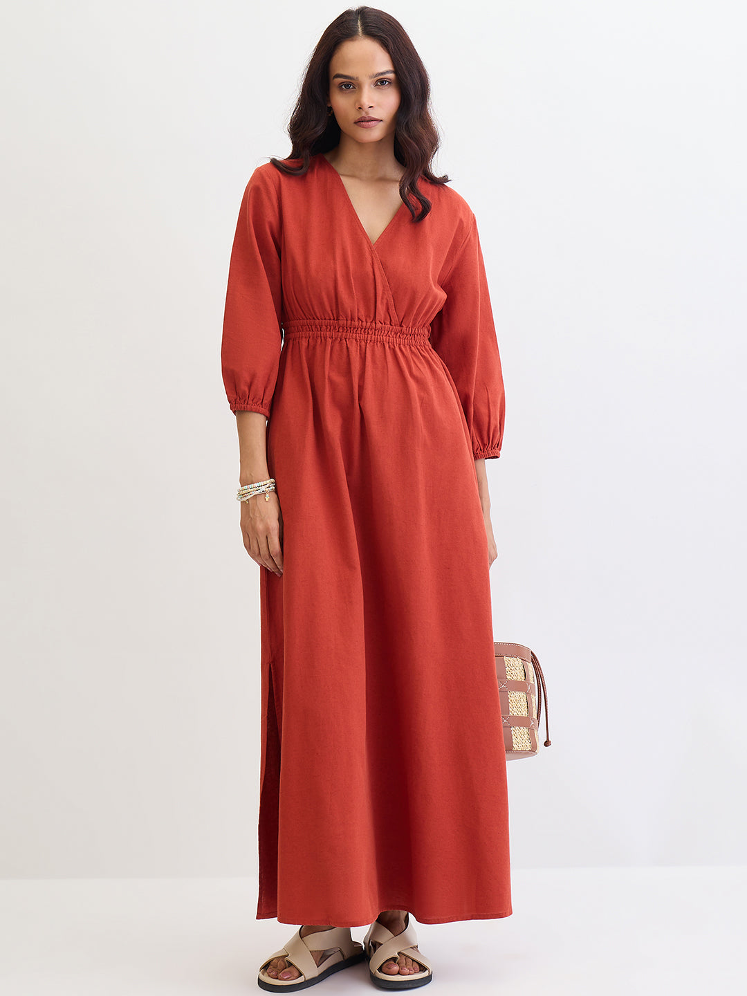 Rust Cotton Linen Slit Detail Maxi Dress