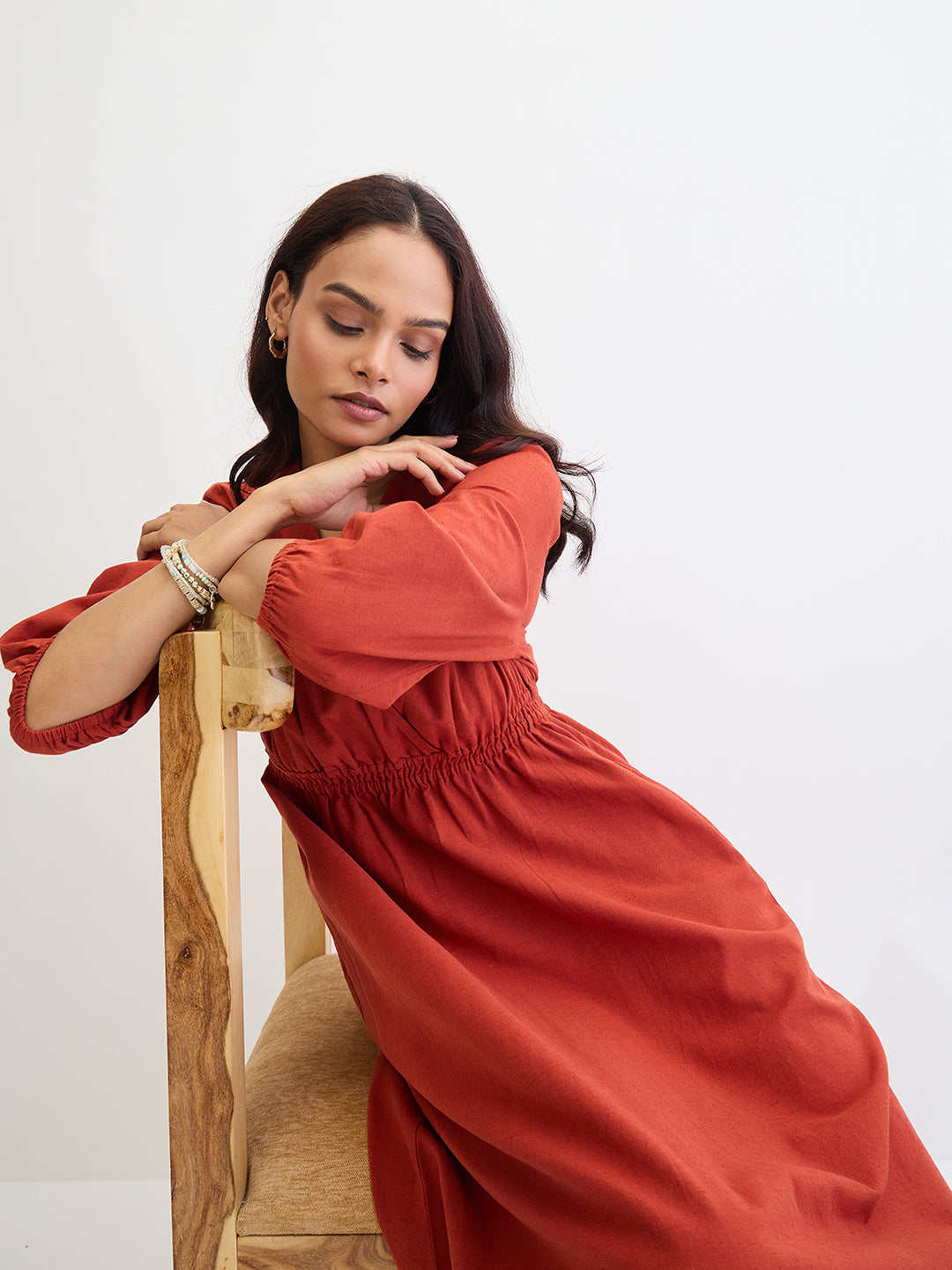 Rust Cotton Linen Slit Detail Maxi Dress