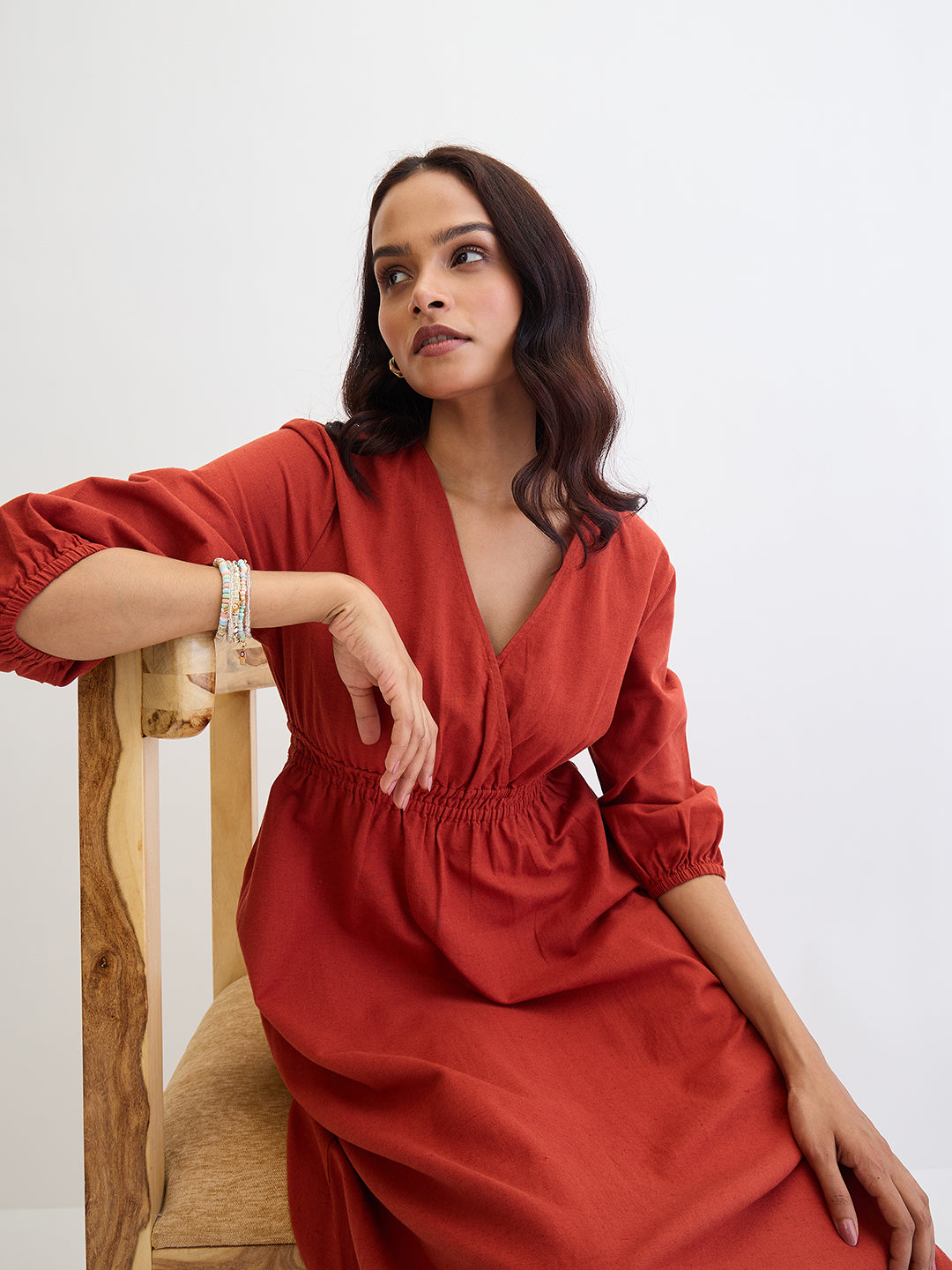 Rust Cotton Linen Slit Detail Maxi Dress