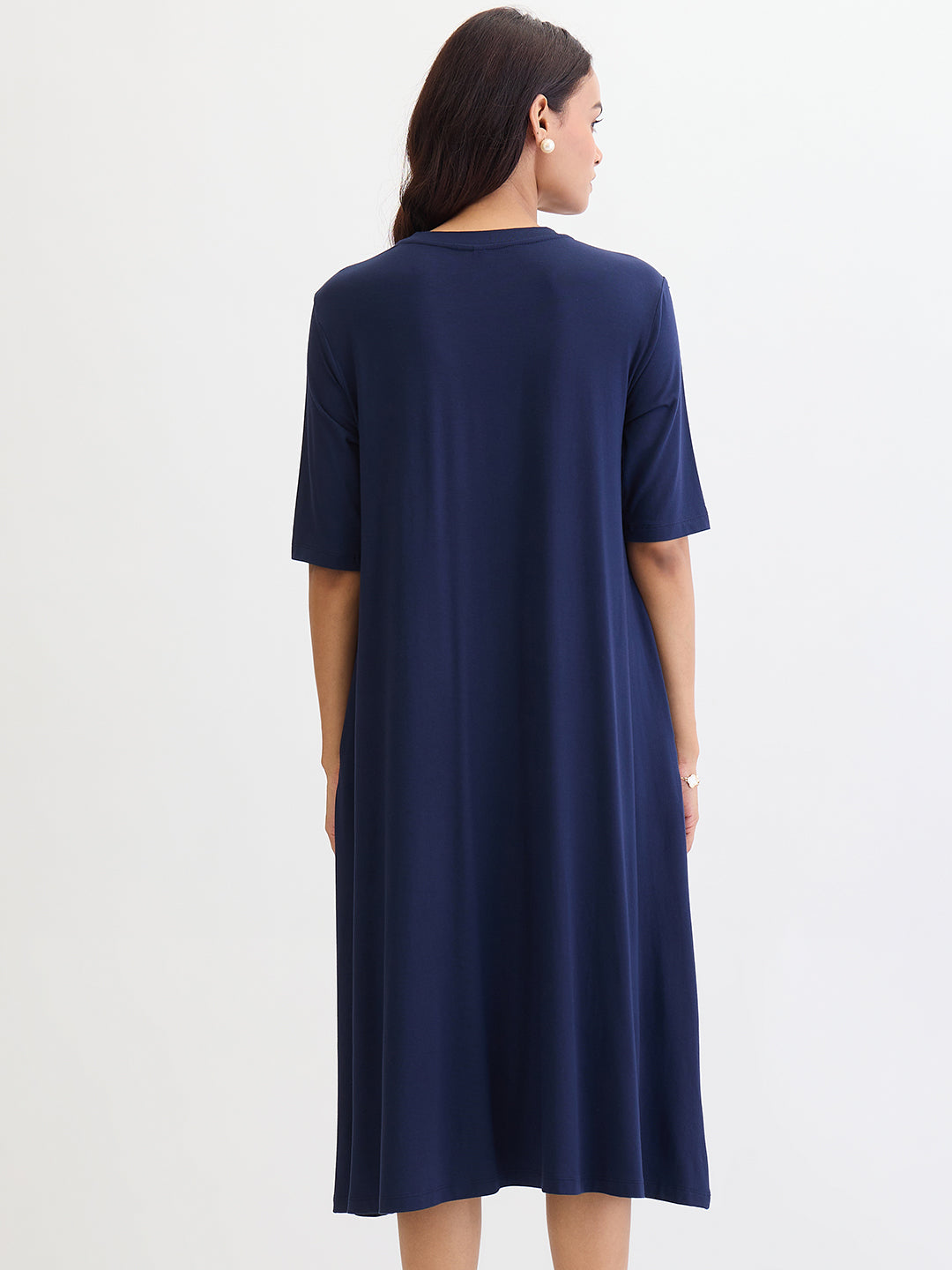 Navy Blue Modal Knit T-Shirt Midi Dress