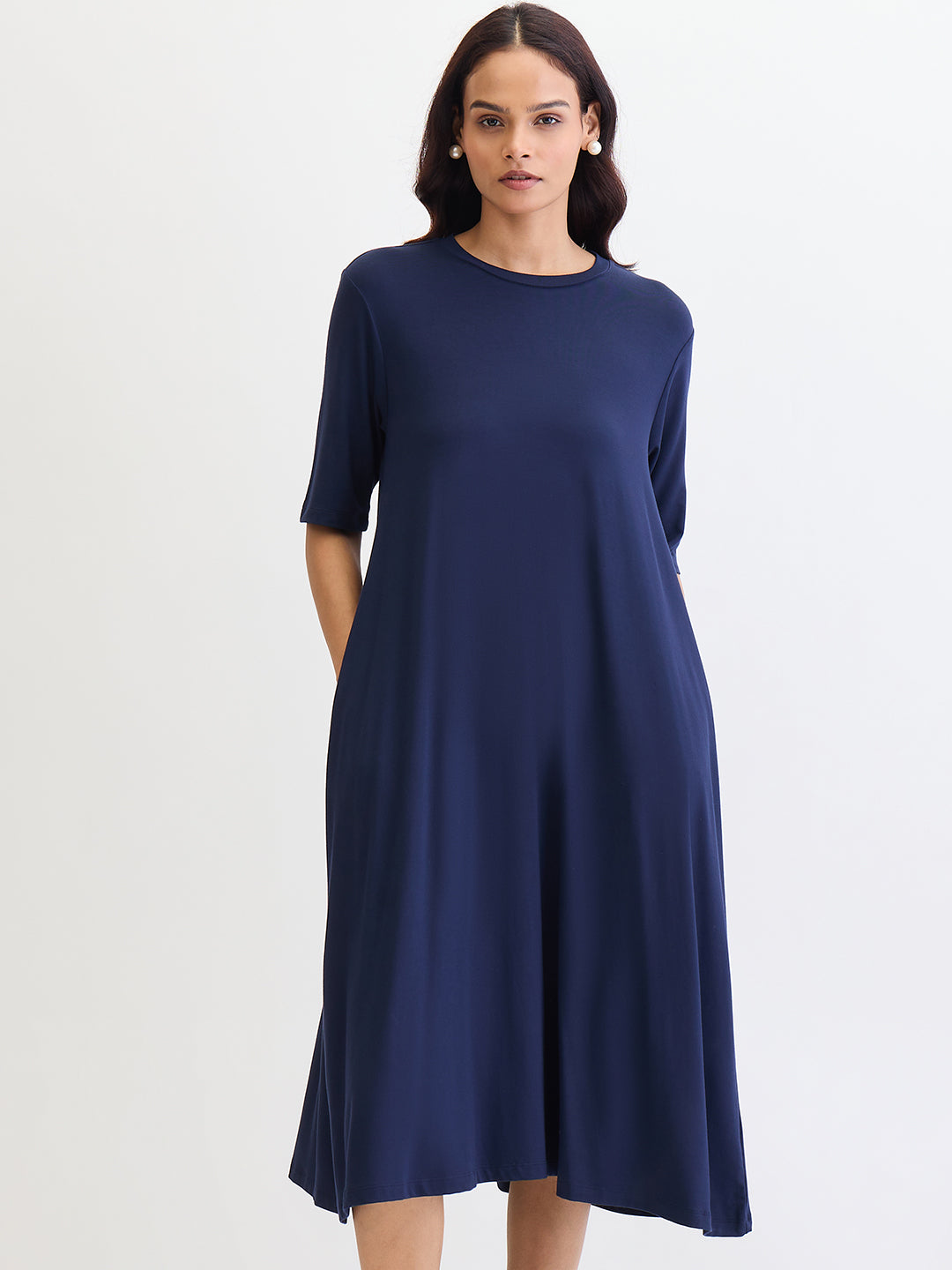 Navy Blue Modal Knit T-Shirt Midi Dress