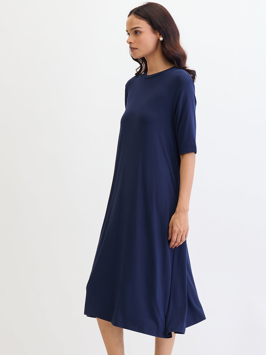 Navy Blue Modal Knit T-Shirt Midi Dress