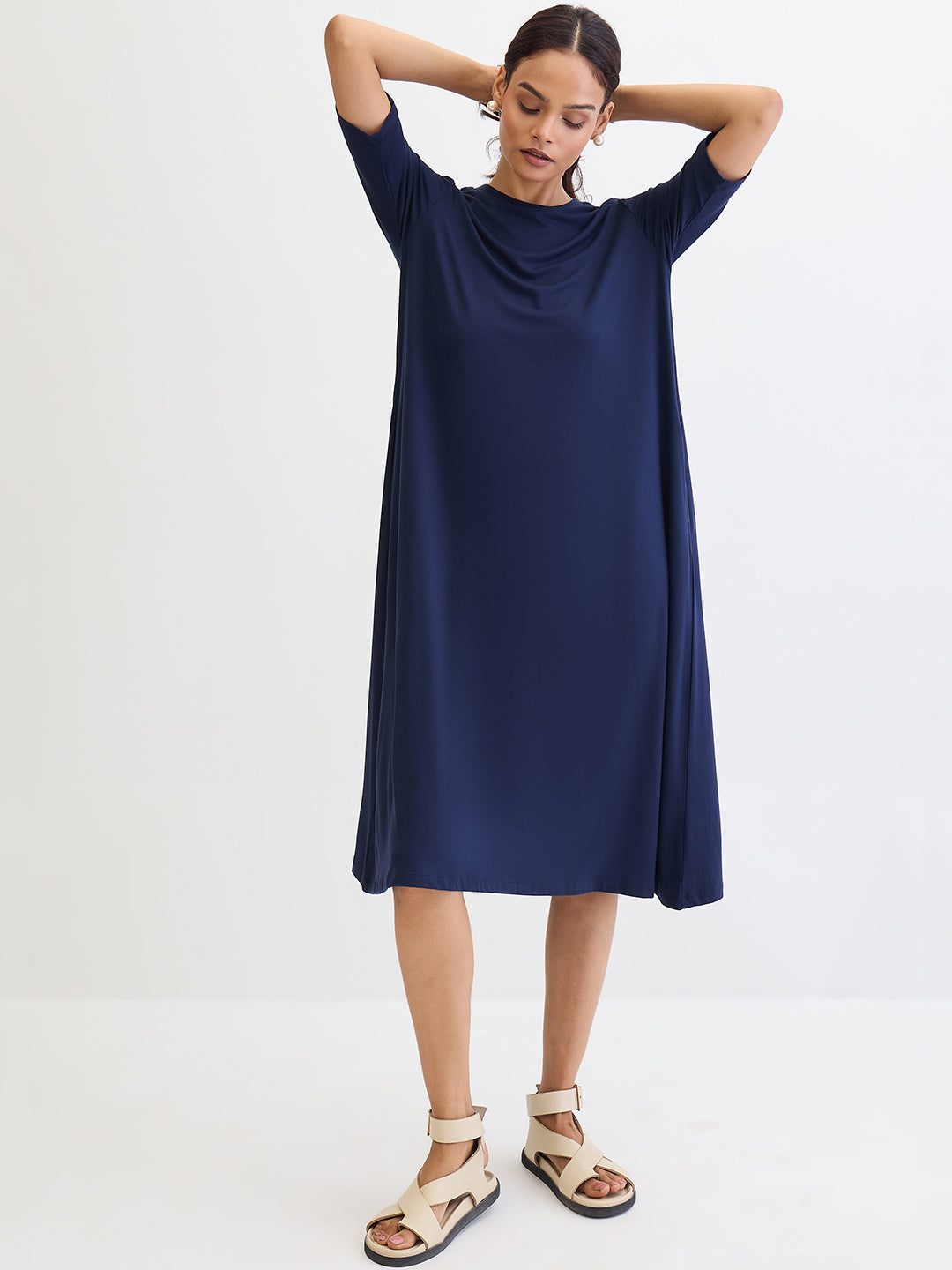 Navy Blue Modal Knit T-Shirt Midi Dress