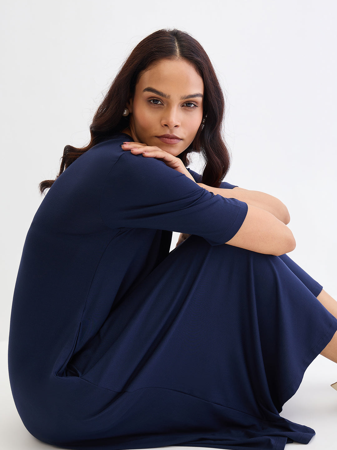 Navy Blue Modal Knit T-Shirt Midi Dress