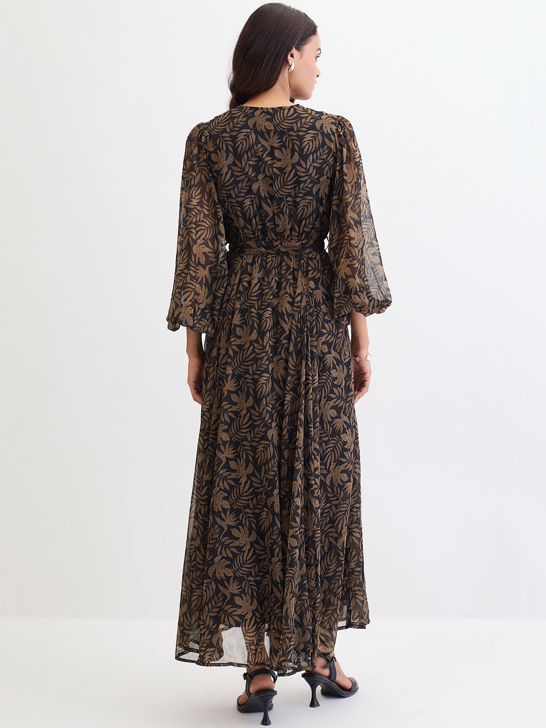 Black Leaf Print Wrap Maxi Dress
