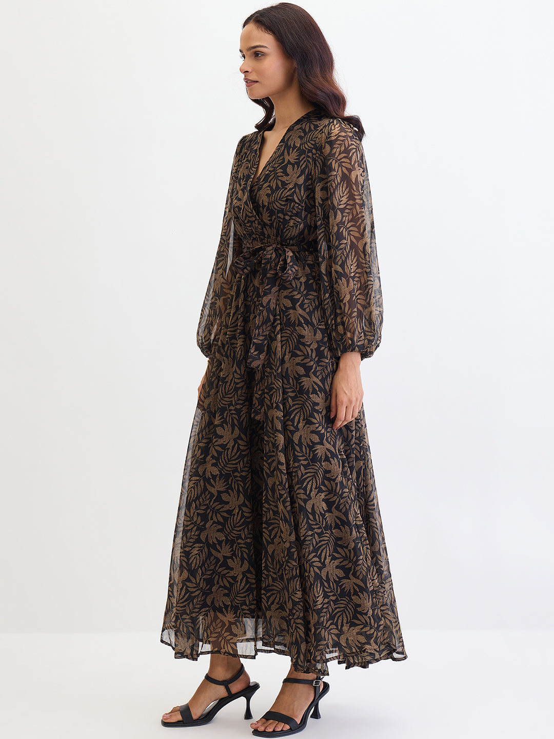 Black Leaf Print Wrap Maxi Dress