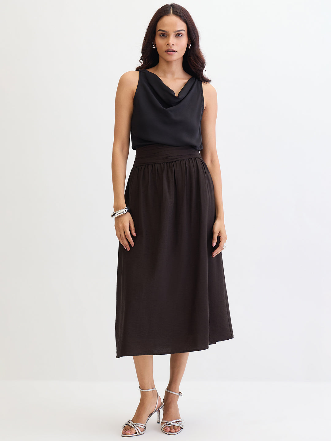 Black Ruched Waistband Midi Skirt