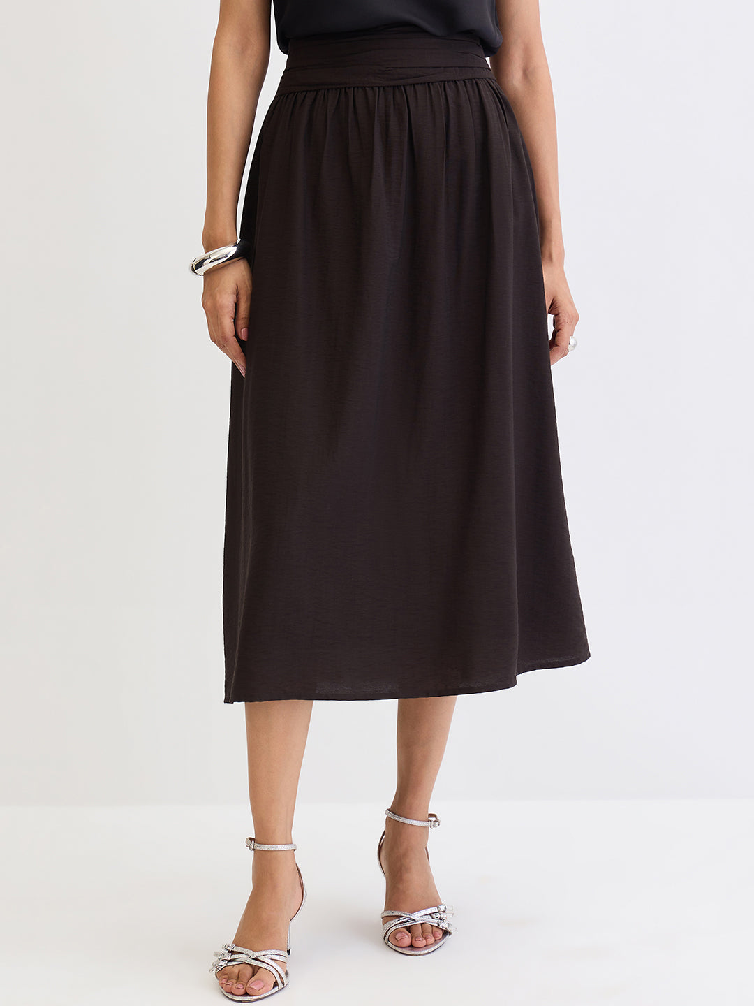 Black Ruched Waistband Midi Skirt