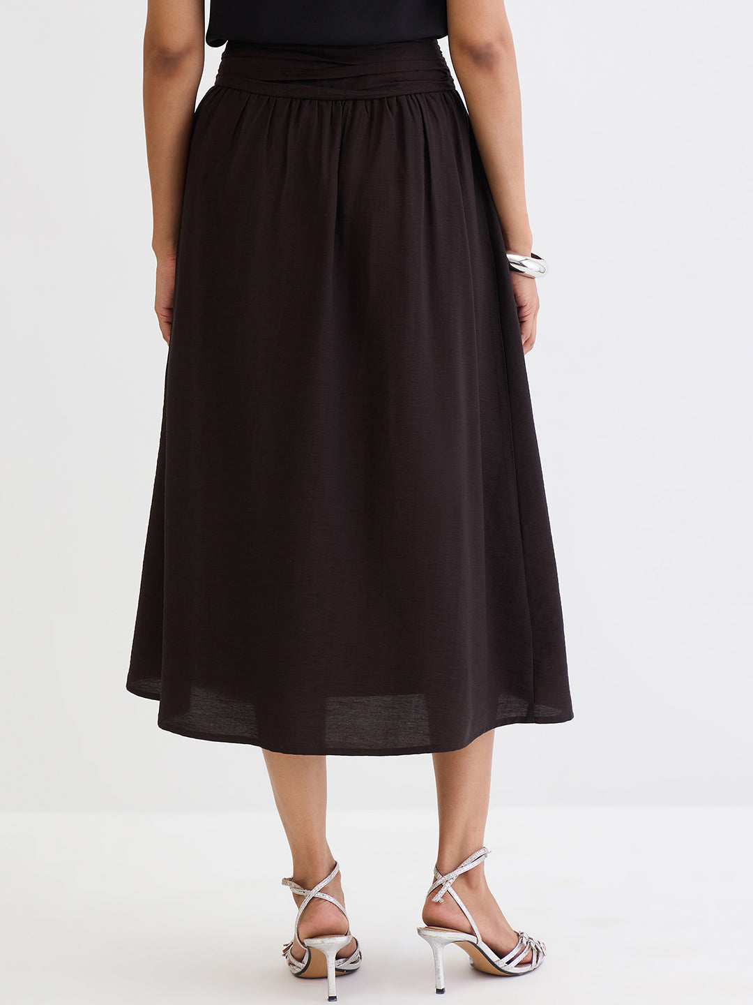 Black Ruched Waistband Midi Skirt