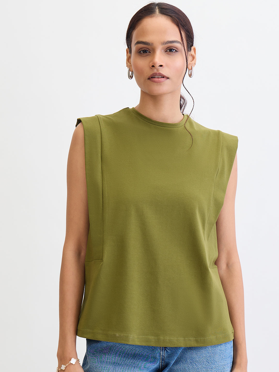 Olive Crew Neck Sleeveless T-Shirt