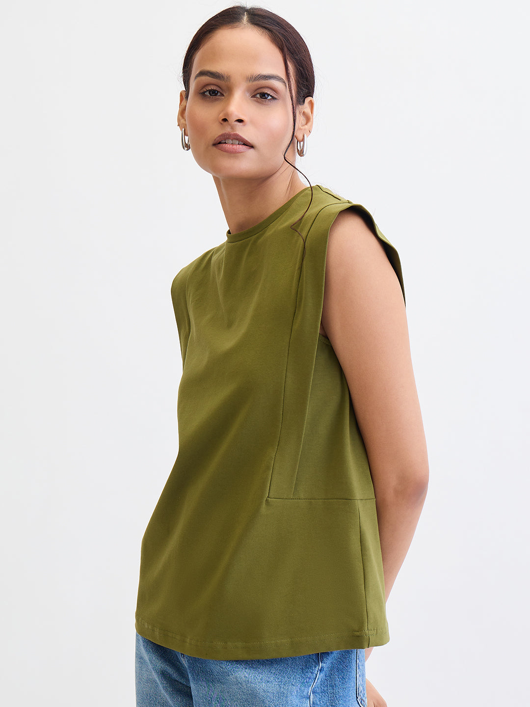 Olive Crew Neck Sleeveless T-Shirt