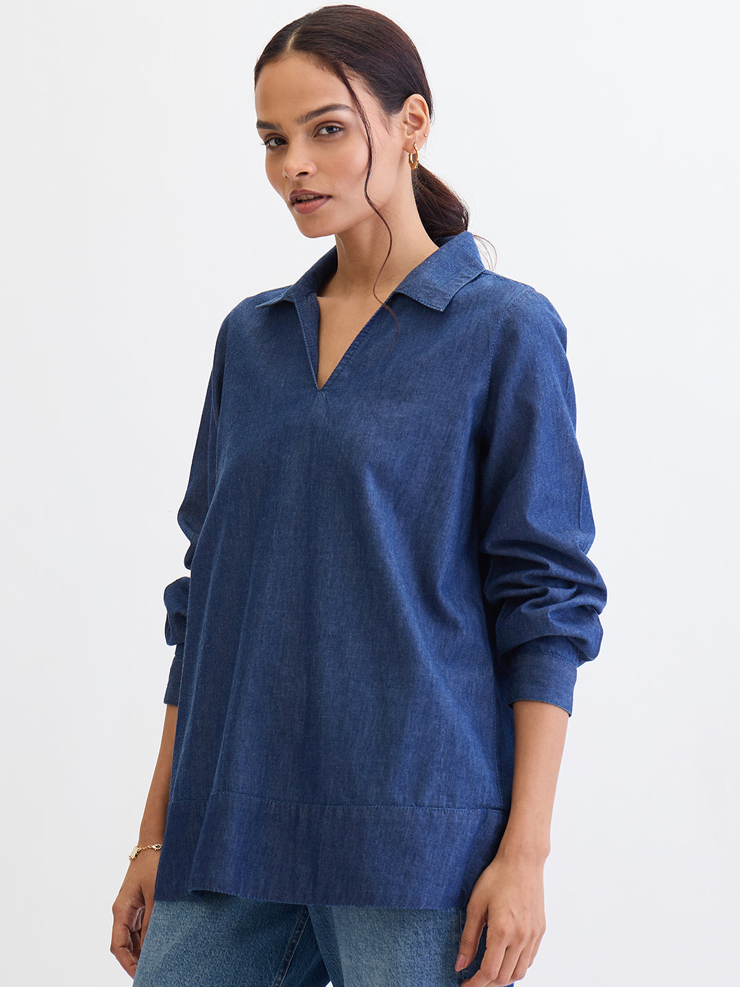 Navy Blue Cuffed Sleeves Denim Top