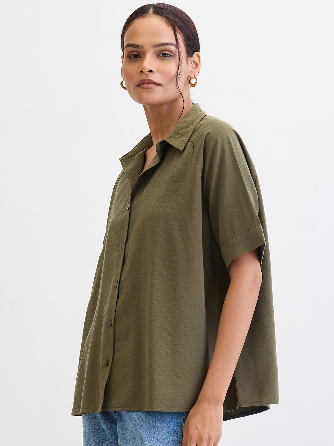 Olive Raglan Sleeves Oversize Shirt