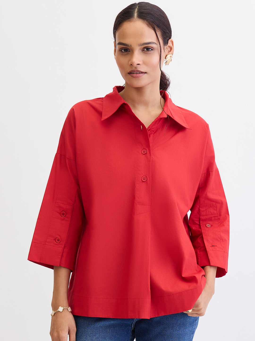 Red Poplin Pleat Detail Shirt
