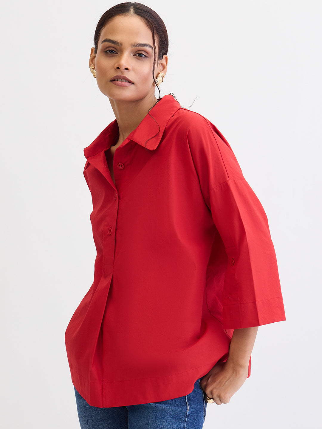 Red Poplin Pleat Detail Shirt