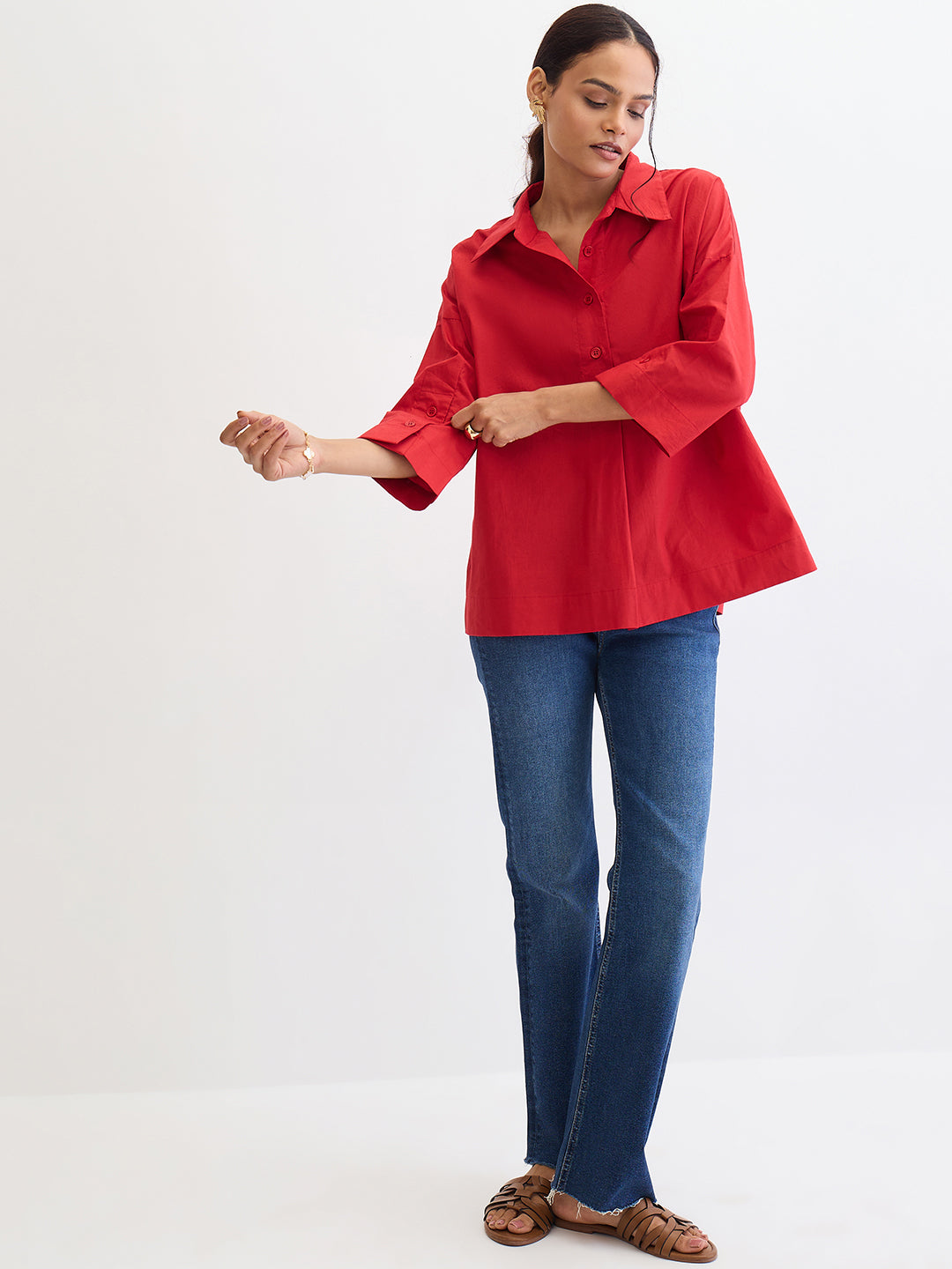 Red Poplin Pleat Detail Shirt