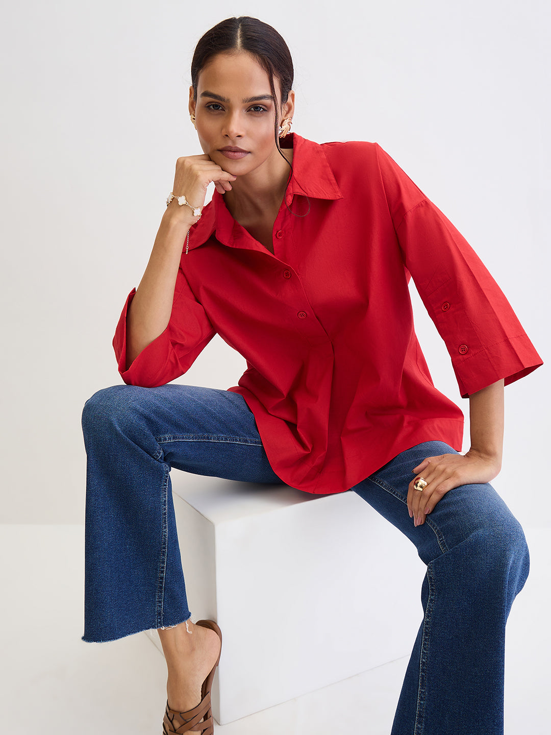 Red Poplin Pleat Detail Shirt