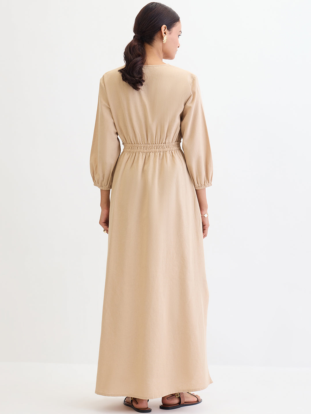 Beige Cotton Linen Slit Detail Maxi Dress