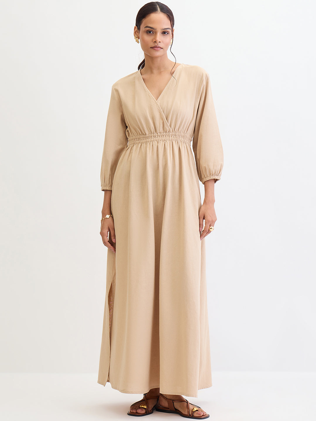 Beige Cotton Linen Slit Detail Maxi Dress