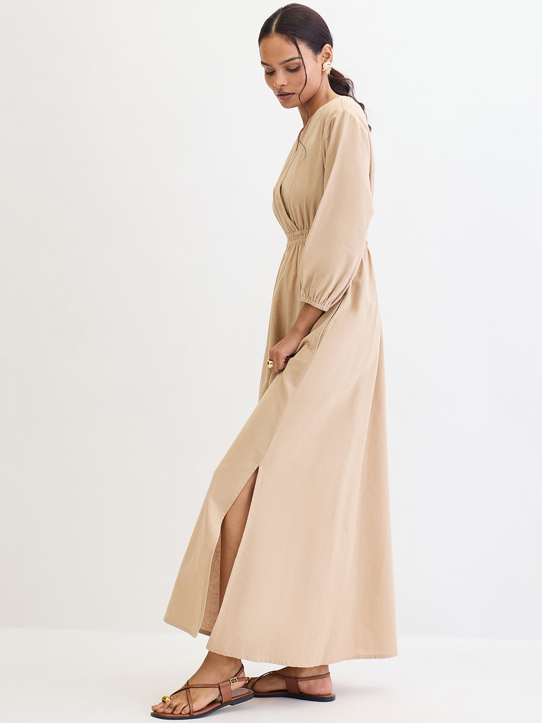Beige Cotton Linen Slit Detail Maxi Dress