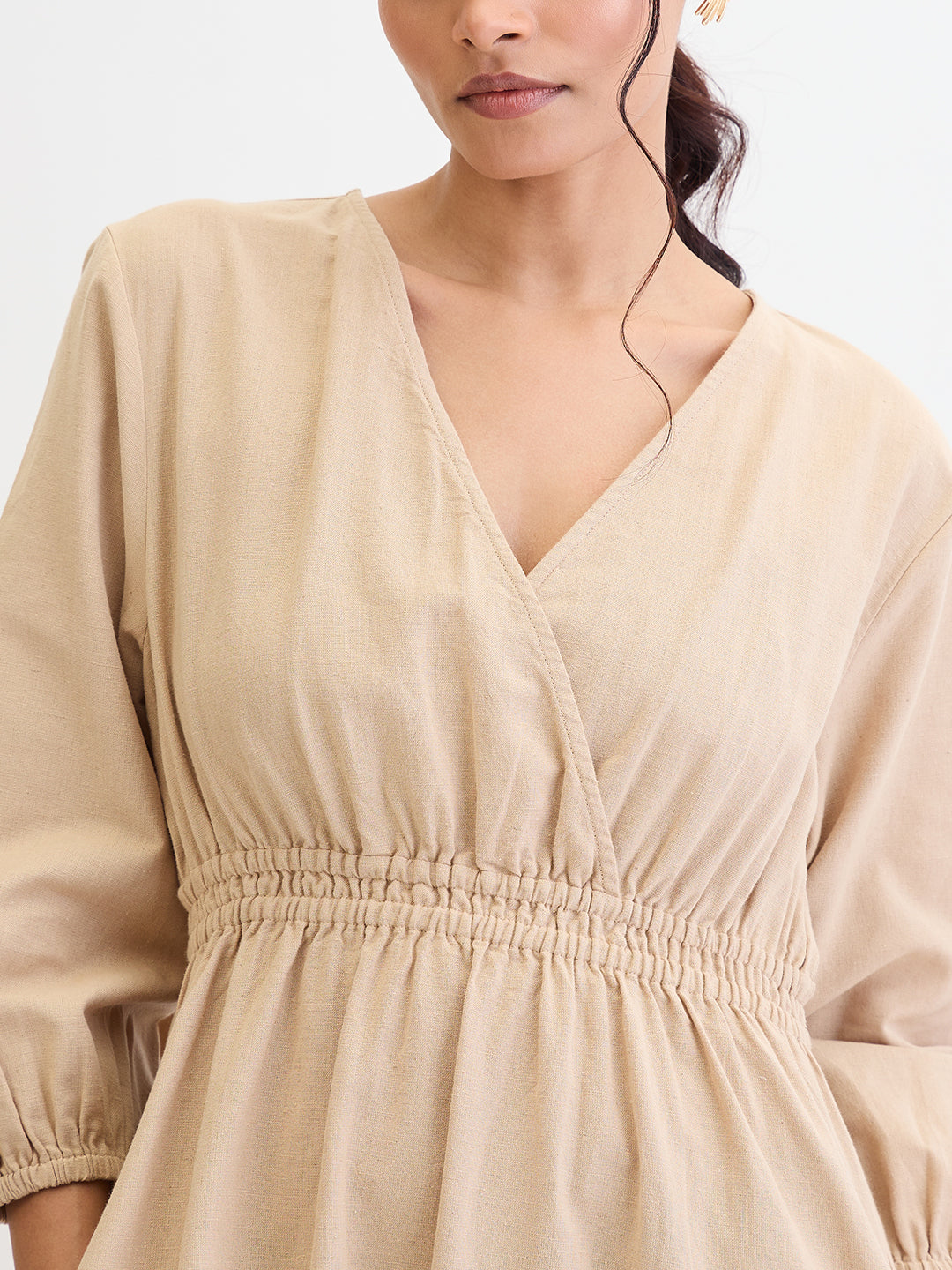 Beige Cotton Linen Slit Detail Maxi Dress